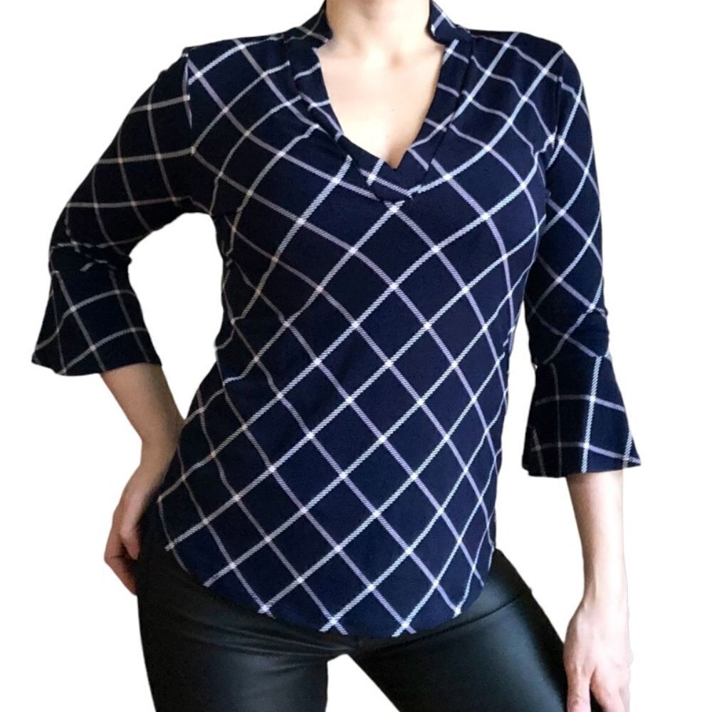 New York & Company Womens Top XS Blue Retro Geometric Diamond Argyle Style